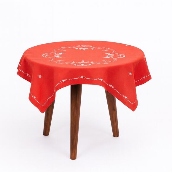 Vintage Red Christmas Tablecloth Scandinavian Folk Embroidery 37x35 - Picture 3 of 7